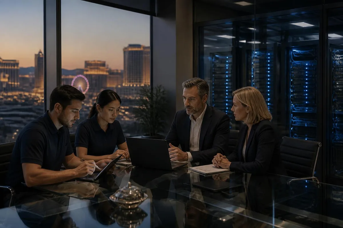 Inoconn IT engineers reviewing infrastructure with business leaders in a Las Vegas conference room at dusk.